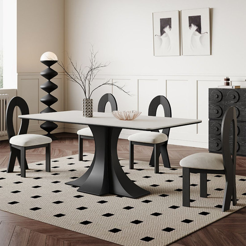Ensemble de table de salle à manger 4 personnes blanc + noir en pierre frittée rectangulaire + fer