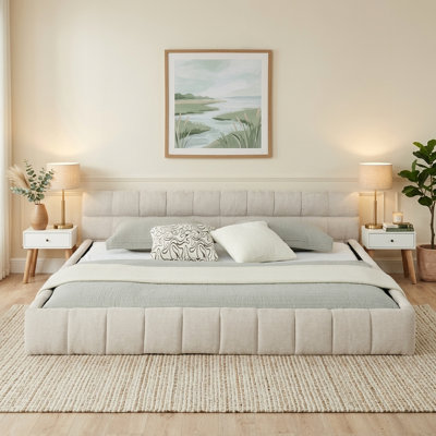 Lit plateforme moderne capitonné en tissu chenille, tête de lit capitonnée, cadre bas et stable, sommier non requis