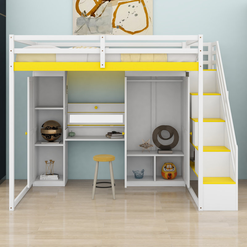 Lit mezzanine avec escalier de rangement, coiffeuse, armoire, armoires, ports de chargement USB, Blanc / jaune