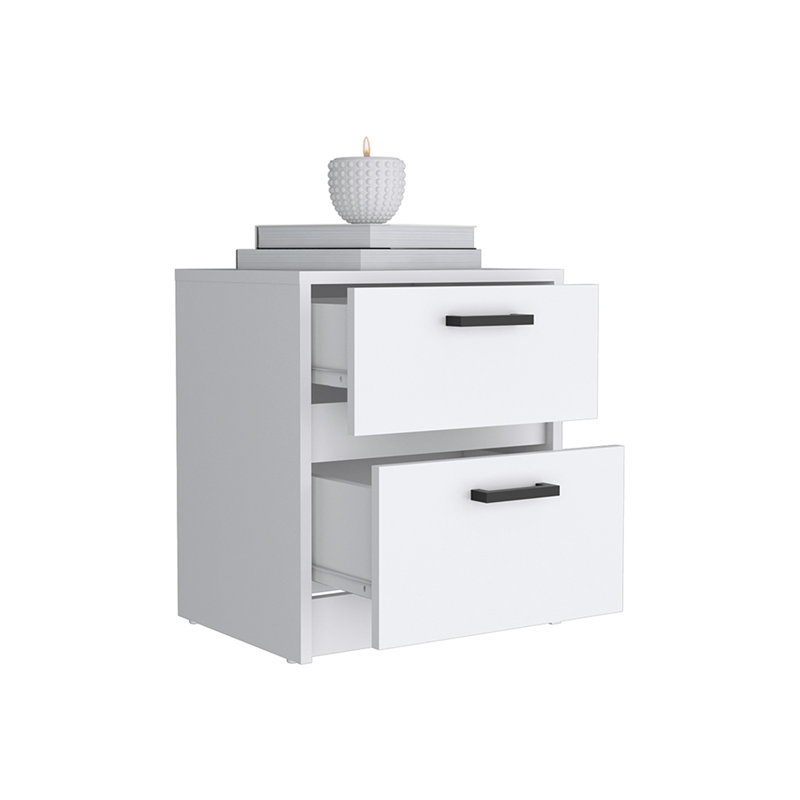 Table de chevet à carreaux, deux tiroirs, finition blanche, Blanc