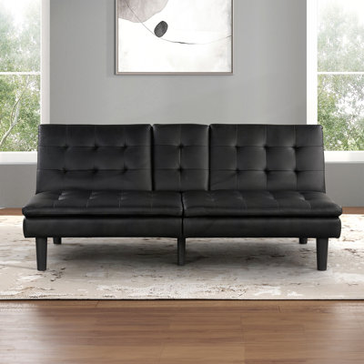 Contemporary Style Futon Sofa Bed Black Finish Built In USB Chargers Biscuit Tufting Seat And Back Back Seat Drop Down Table With Cup Holder Easily Convert To Bed