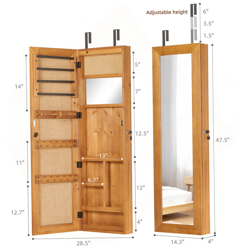 Armoire-penderie pour armoire à bijoux en bois massif avec miroir pleine longueur, 47,5 x 14,3 po, verrouillable au mur avec lumière DEL