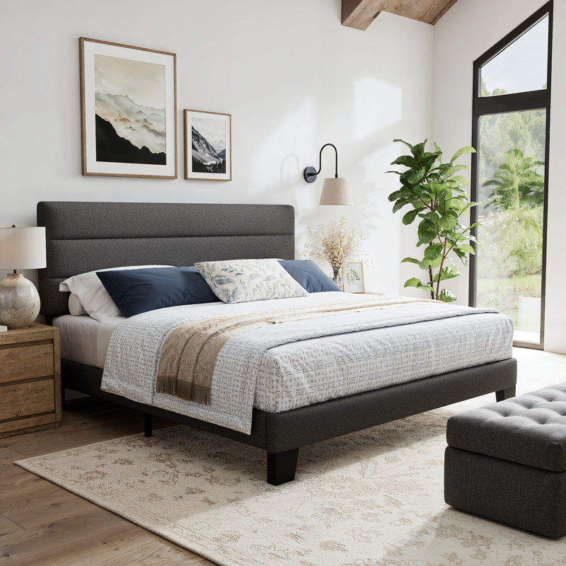 Full Size Platform Bed Frame with Upholstered Headboard and Wooden Slats, Gray, Full 