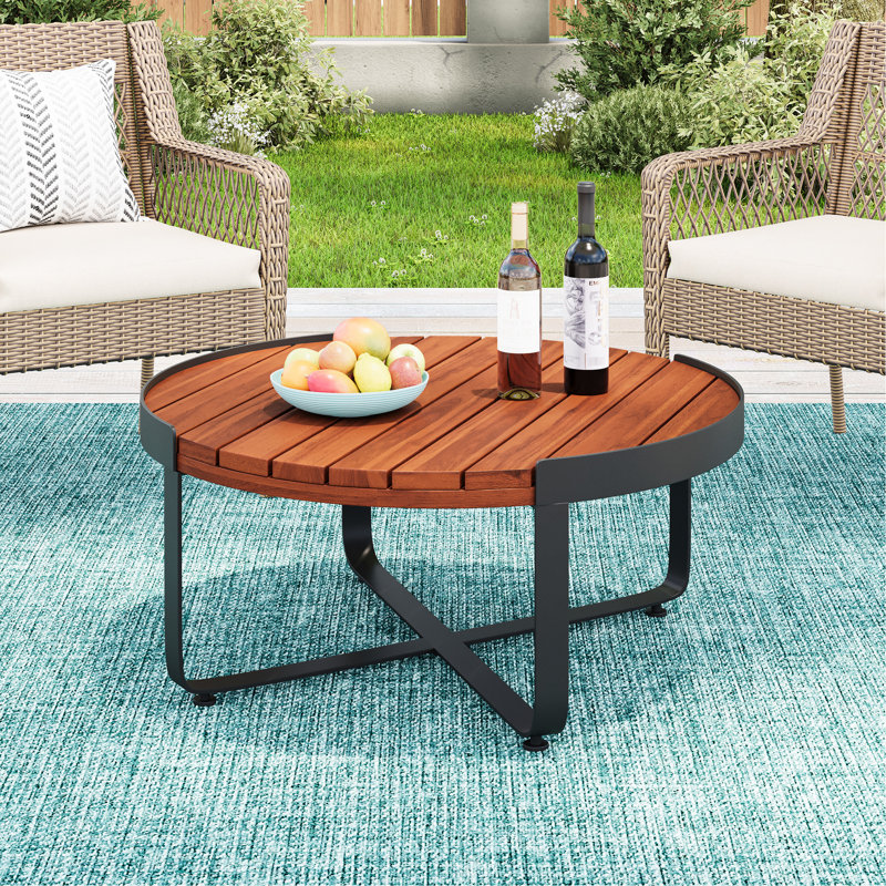 Table basse d'extérieur avec structure en bois et en métal, finition, 31,94 po de largeur, 14,44 de hauteur, décor avec abat-jour, dimensions, convient aux sièges