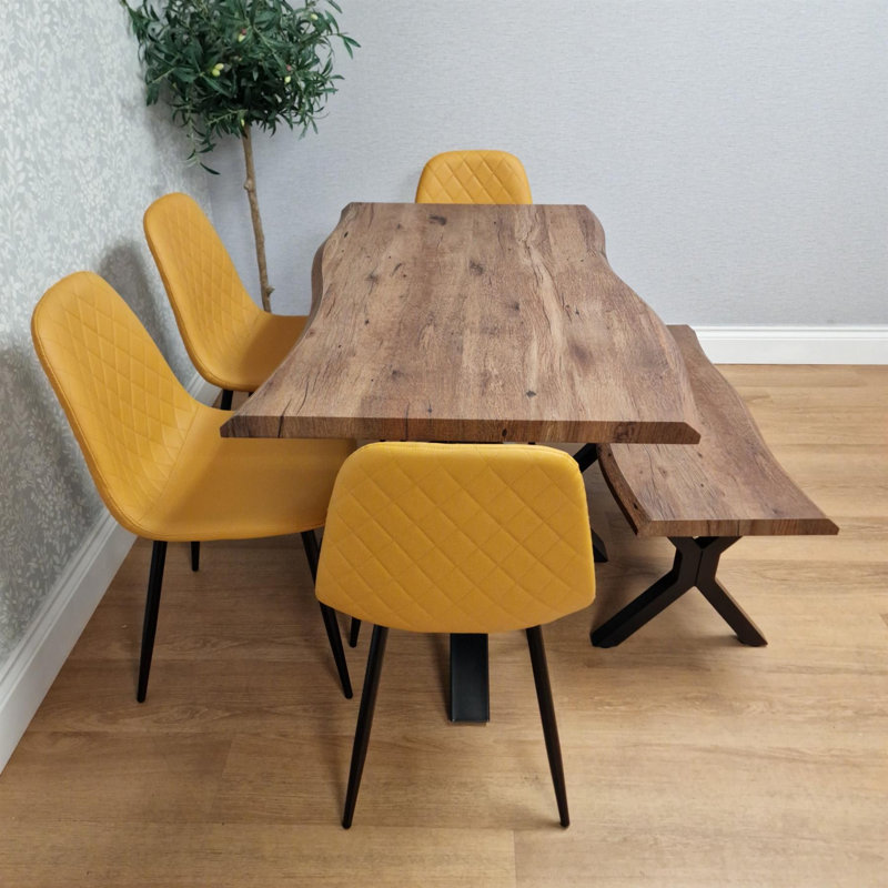 Rustic Brown Wooden Dining set with Table and Velvet Chairs, 75cm H x 80cm W x 140cm D, 6
