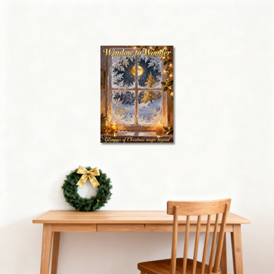 Tableau sur toile tendue « Window To Wonder » représentant un paysage enneigé au clair de lune et des bougies, idéal pour décorer votre intérieur pendant les fêtes.