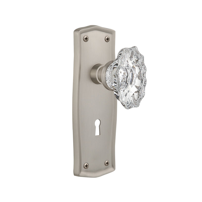 Crystal Chateau Interior Mortise Door Knob with Prairie Long Plate, Satin Nickel