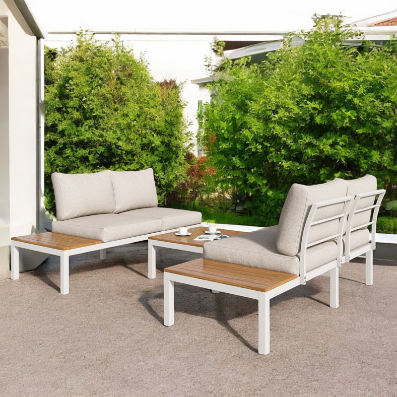 Outdoor Conversation Sets For 4 People L-Shaped Corner Sofa With Wooden Table, Beige