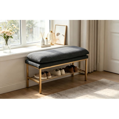 Banc de rangement pour chaussures avec tablette, banc rembourré en lin de polyester noir, pieds en métal à grain de bois, banc multiusage pour le vestibule de la chambre à coucher, capacité de poids de 300 lb
