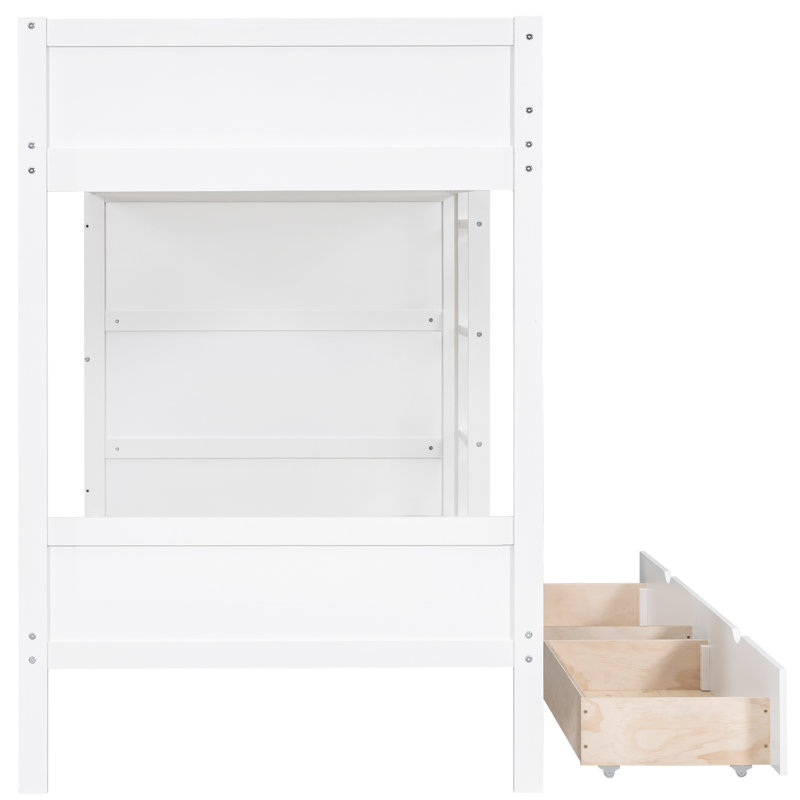 Lit simple superposé au dessus d'un lit blanc avec 2 tiroirs et armoire, Simple sur simple, Blanc