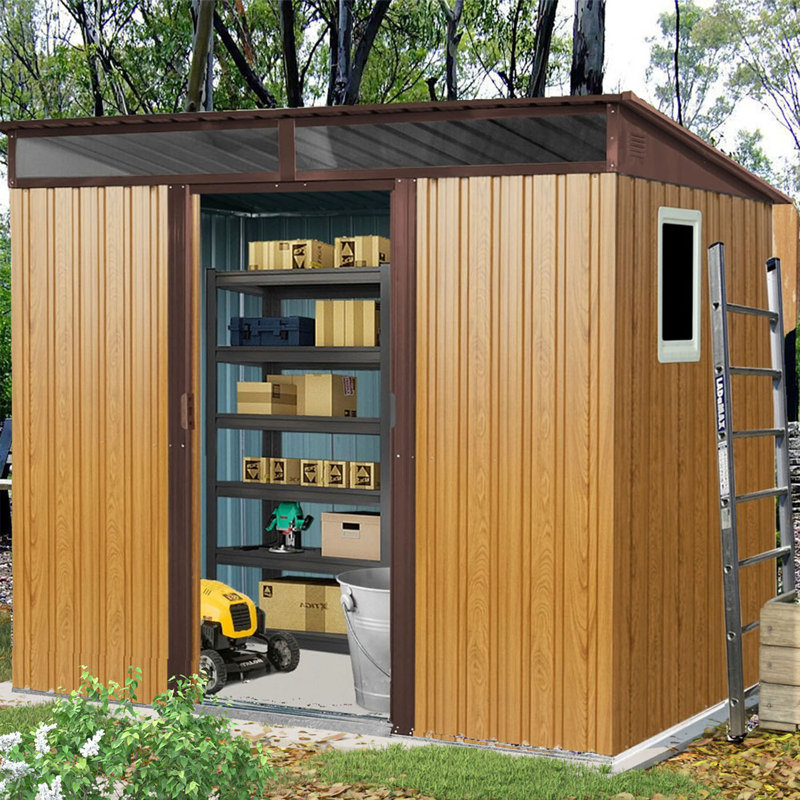 Outdoor Metal Storage Shed with Window and Transparent plate, Coffee, 77.25" H x 93.75" W x 68.50" D