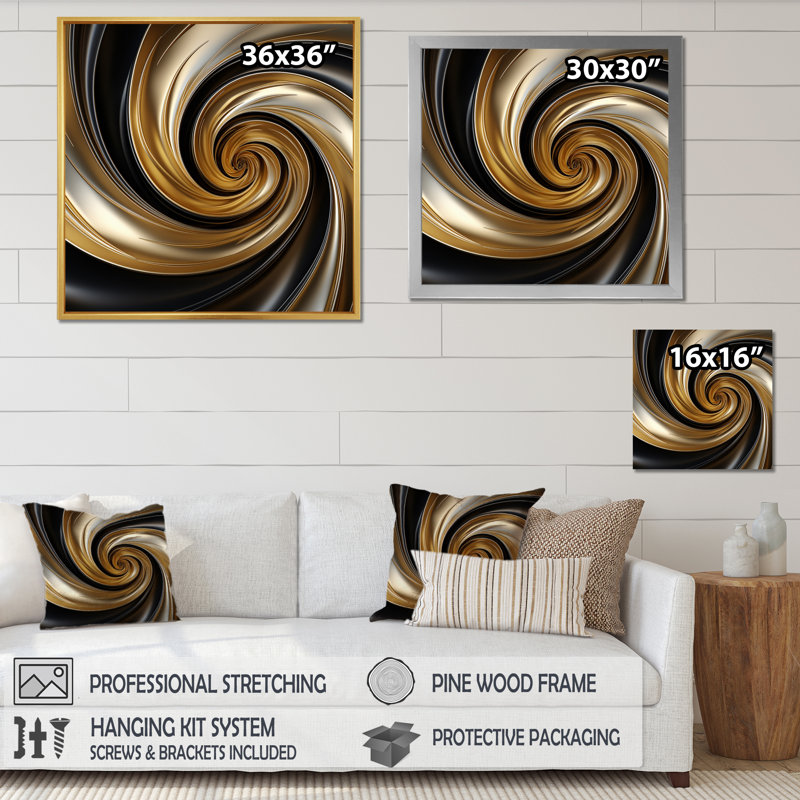Abstrait abstrait liquide or et spirale noire - reproduction sur toile, 36" H x 36" W, Toile tendue