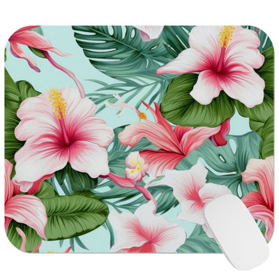 Floral Hibiscus Flower Pattern I Hawaiian Tropical Gaming Cute Office Laptop Desk Pad Gift Mat Square Rectangle Non-Slip Mousepad