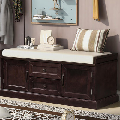 Storage Bench With 2 Drawers And 2 Cabinets, Shoe Bench With Removable Cushion For Living Room, Entryway (Espresso)