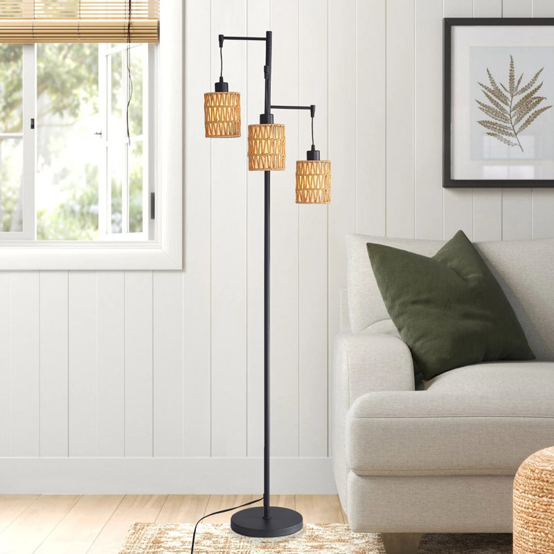 Lampe sur pied moderne avec abat-jour en rotin et en tissu blanc, mât noir, commande au pied | Idée de cadeau