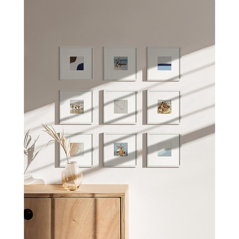 Solid Wood Picture Frame - Set of 9 with Mat, 12" W x 12" H, Solid Wood, White