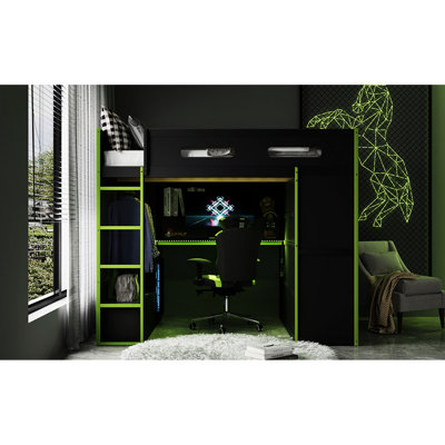 Full Size Gamer Loft Bed With Under - Gaming Station, Charging, Lighting And Overhead Shelves Space, Port, Open Wardrobe Storage