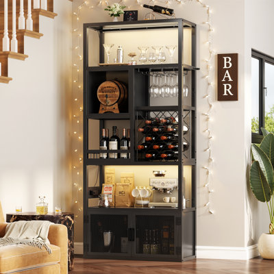 Bar Cabinet With Power Outlets, 6-Tiers Storage Cabinet Coffee Bar
