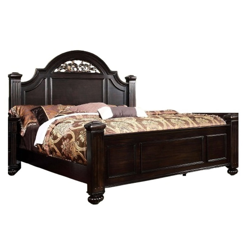 Grand lit à panneau en noyer foncé de style contemporain, tête de lit à motif floral captivant incrusté traditionnel