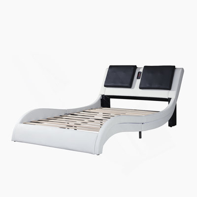 Faux Leather Upholstered Platform Bed Frame With LED Lighting, Bluetooth Music, Vibration Massage, And Curve Design, No Box Spring Needed, Queen