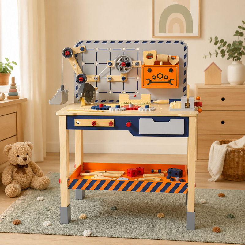 Banc en bois pour enfants avec perceuse électrique, établi à hauteur réglable, ensemble d'outils de construction avec grue et rangement