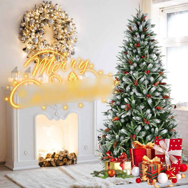 Arbre de Noël de 5 pi, 1131 pointes, 47 baies rouges, pin, branches de Pe + givrées, installation à charnières facile, arbre de support avec baies et Pe + à pointe de neige, support en métal