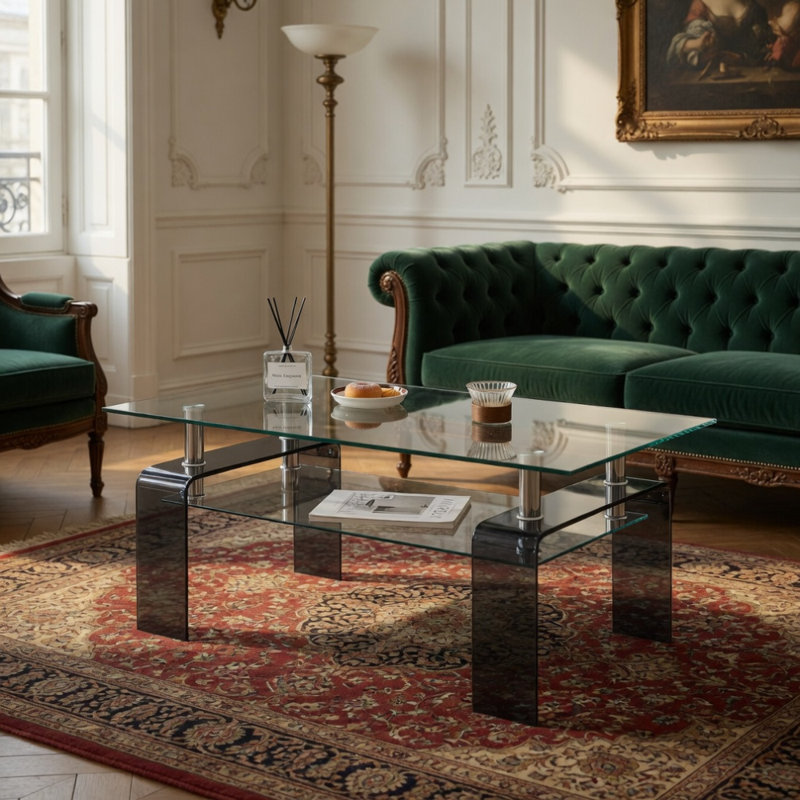 Table basse en verre trempé, table basse moderne en verre pour le salon, table basse à 2 niveaux avec pieds de fumée