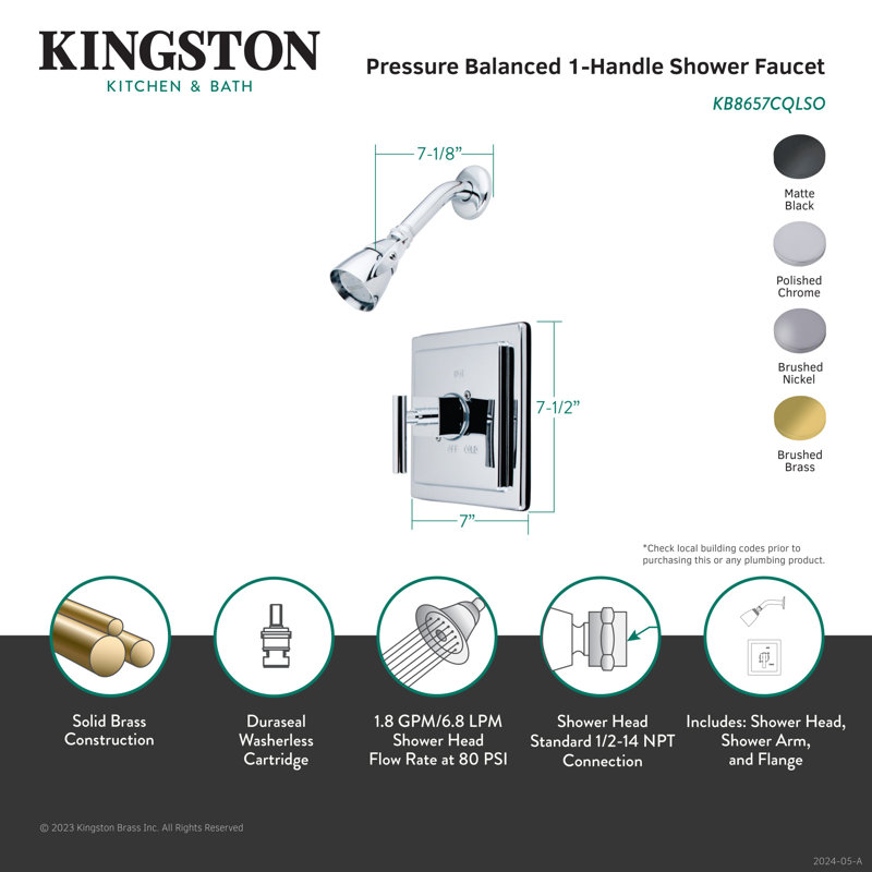 Kingston Brass Claremont Single-Handle Pressure Balanced Shower Faucet, Brushed Brass