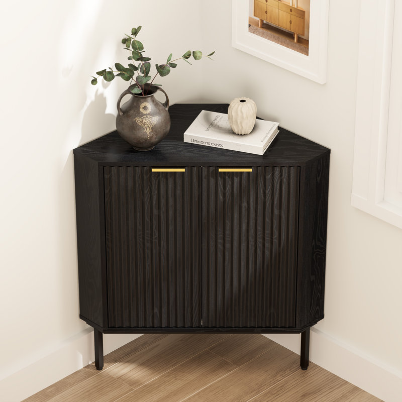 Armoire d'angle cannelée avec 2 portes et 2 tablettes à niveaux, Noir