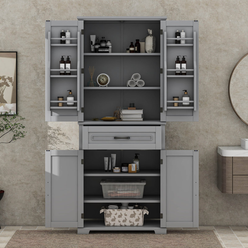 Armoire de rangement haute avec portes et tiroir, tablette réglable, Gris