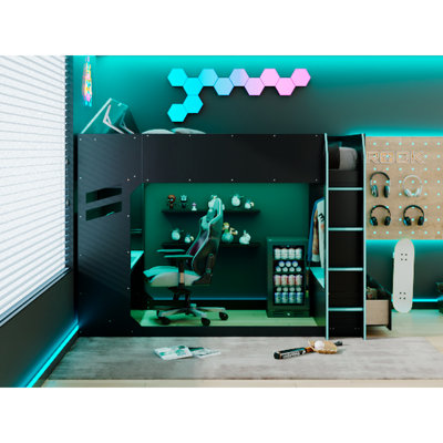 Lit double en bois avec compartiments de rangement, bureau à hauteur réglable, baguette et tringle. Le bureau réglable d'une hauteur de 21,9 po et d'une hauteur de 29,9 po convient à la fois au jeu et au travail. La bande ajoute des lumières charmantes