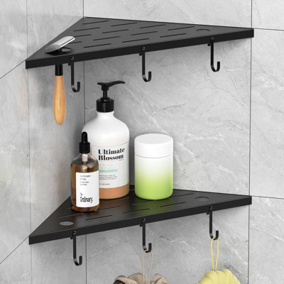 Recessed Corner Shower Shelves 2-Pack, 304 Stainless Steel Grout-In Bathroom Storage With Hooks For Tiled Wall, Rust-Resistant Matte Black Finish