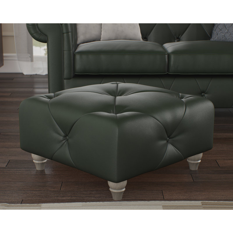 Melrose 65Cm Wide Genuine Leather Tufted Square Ottoman, Washed Oak, Hunter Green