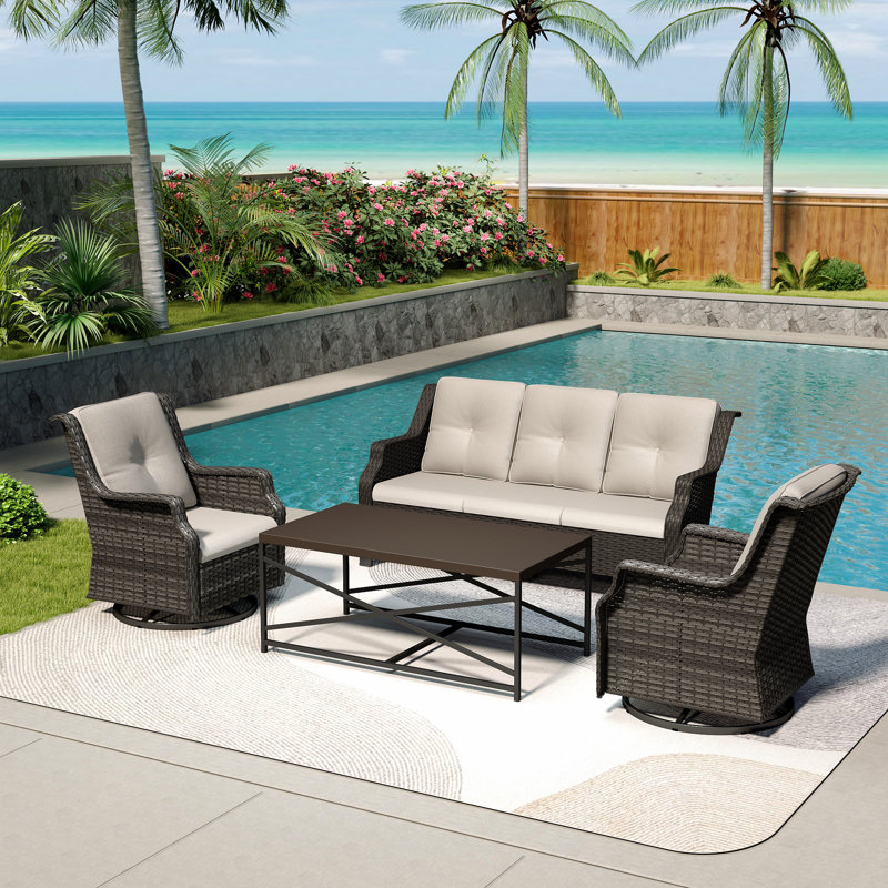 5-Person PE Wicker Outdoor Patio Set with Sofa,Swivel Chairs,Coffee Table & Beige Cushion, Beige