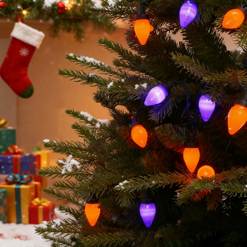 Ensemble de 2 lumières d'arbre de Noël C7 - 50 ampoules DEL, orange et mauve, boîte de piles, H 2,17 po x l 31 po x P 1,3 po