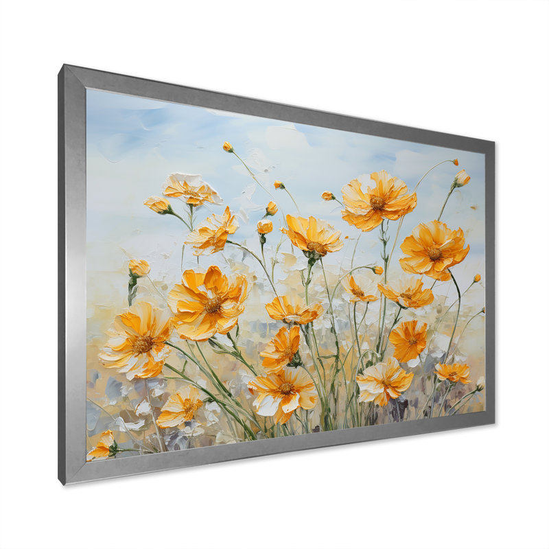 Charme de souci jaune discret II sur toile, Cadre simple argenté, H 12 po x l 20 po x P 1 po