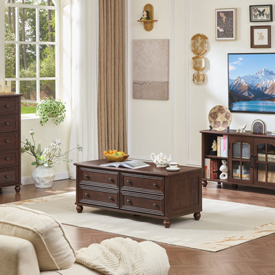 48" Farmhouse Coffee Table With Hidden Storage,Wooden Coffee Tables With 4 Drawers & Roman Column Handle,Rectangular Rustic Centre Table With Solid Wood Curved Base For Living Room,Office