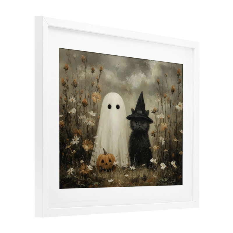 «Ghost and Black Cat», reproduction sous verre encadrée, design par Arlington Prints, H 13 po x l 16 po, Cadre blanc côtier