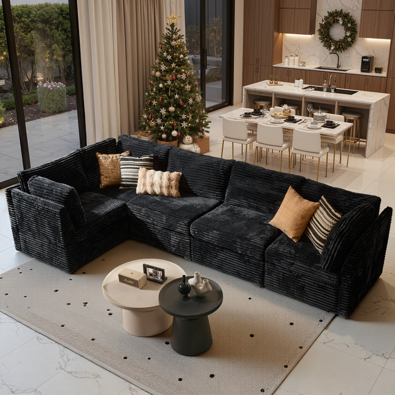 5-Piece Upholstered Corduroy Sectional, Black Corduroy