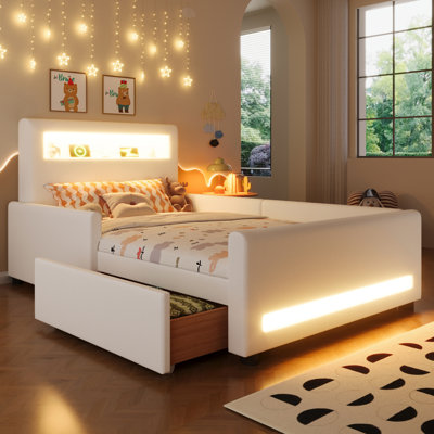 Lit plateforme tapissier simple avec tiroir, bande lumineuse à DEL, port USB, blanc