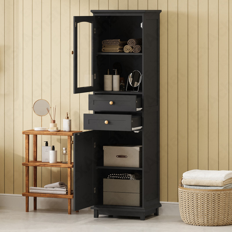 63" Tall Bathroom Storage Cabinet With Glass Doors, Free-Standing, Two Drawers, And Adjustable Shelves, MDF Board, Painted Black - For Displaying Your Favorite Items
