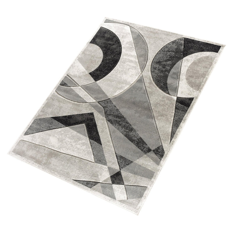 Tapis rectangulaire de salon 2,44 x 3,05 m (8 x 10 pieds), gris argenté, à motifs géométriques sculptés à la main, en polyester à poils courts.