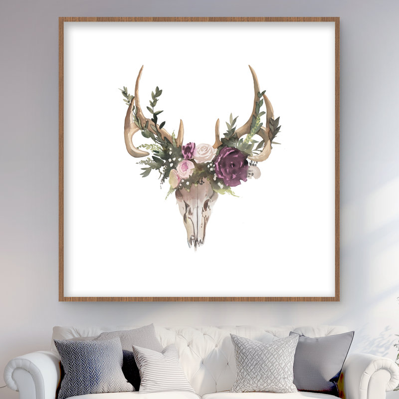 Crâne de cerf avec fleurs - Hygge rose, reproduction encadrée