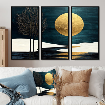 «Quiet Bold Mountain In Emerald Gold Harmony II», art mural lac - 3 pièces