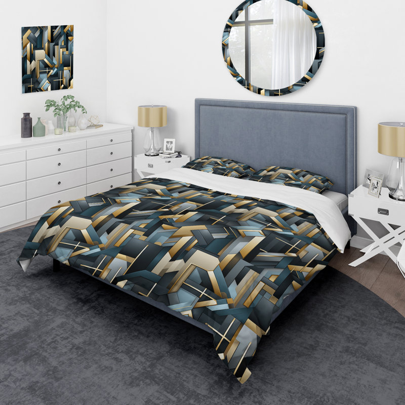Motif géométrique doré et gris Eilleen - ensemble de housse de couette géométrique - microfibre de polyester