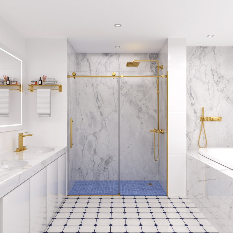 Frameless Shower Door, 56-60" W x 74" H Double Sliding Glass Shower Door with 5/16" (8mm) SGCC Thick Tempered Clear Glass Shower Door, Soft Close System & Explosion-Proof Film Nano Coating, Brushed Gold