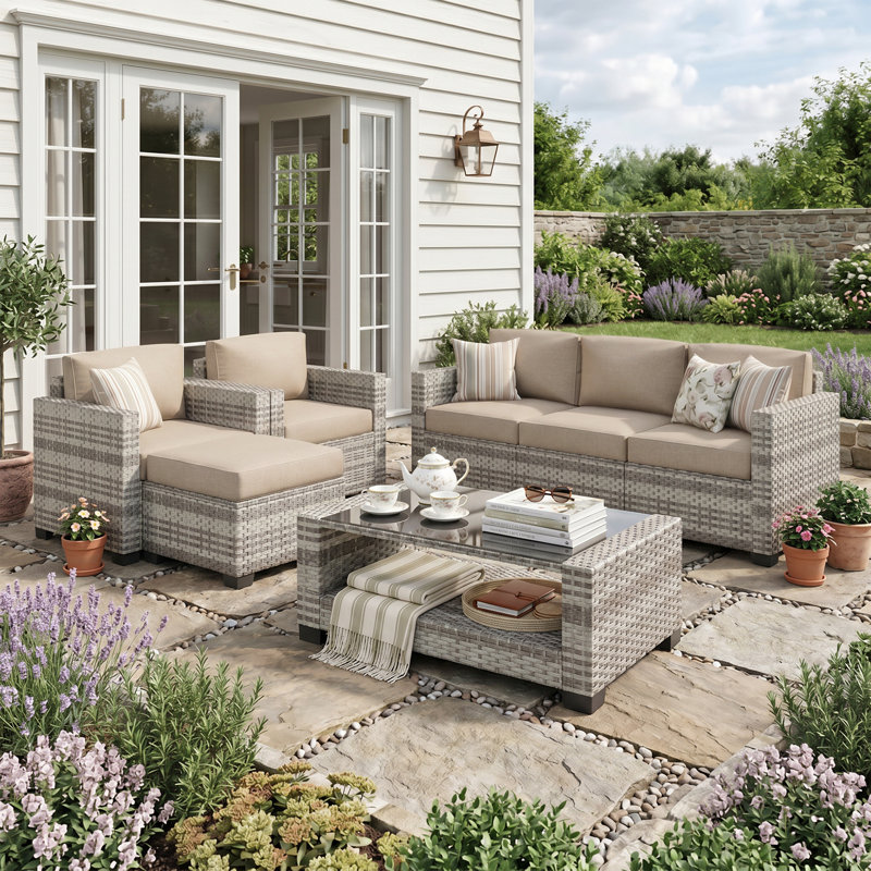 Ensemble de conversation pour patio 7 pièces en osier avec coussins et table basse, Grey/Beige