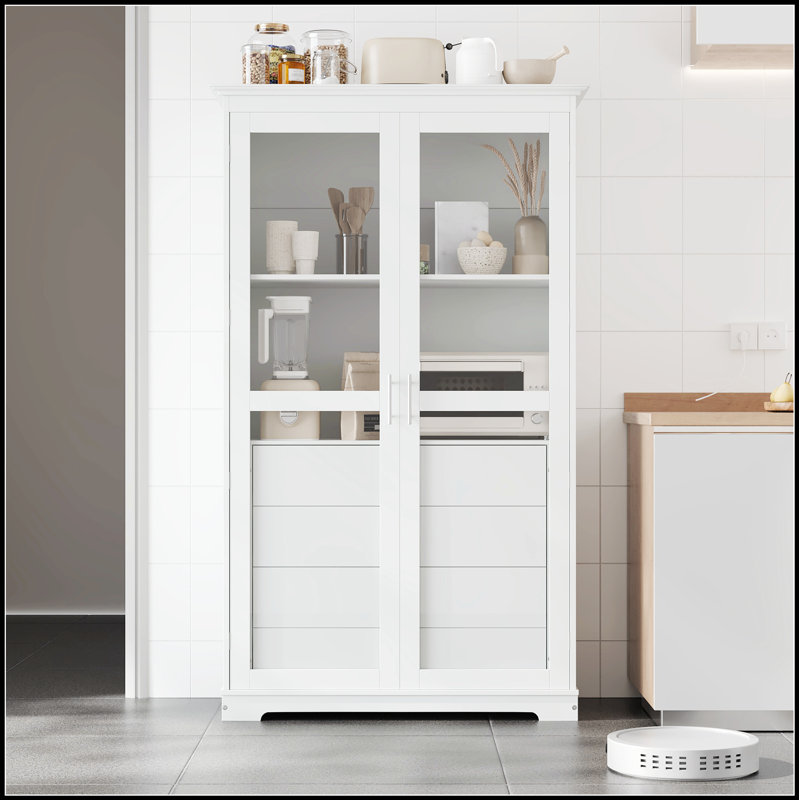 Kitchen Pantry, Freestanding Kitchen Storage Cabinet Display Cabinet with Glass Doors and 4 Built-in Drawers for Living Room, Home Office