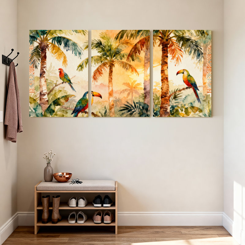 Palmiers, palmiers tropicaux et perroquets, ensemble de 3 impressions sur toile, H 18 po x l 36 po