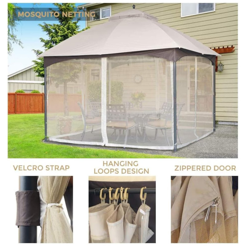 12 Ft. W x 10 Ft. D Double-Top Patio Gazebo, UPF 50+ Waterproof & Fire-Resistant Outdoor Canopy with Mosquito Netting